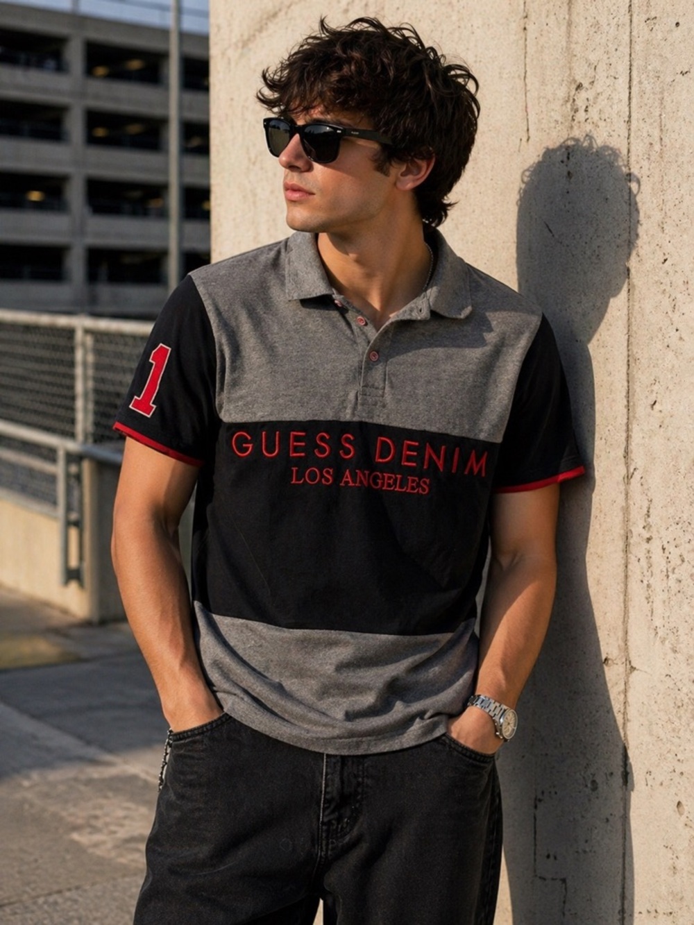 GUESS Denim Los Angeles Polo Shirt Men’s Small Gray Black Red Colorblock Logo